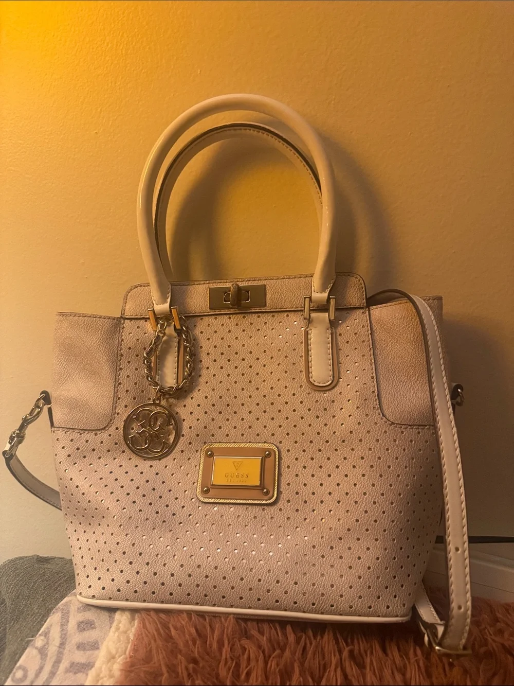 Guess Cream Perforated Satchel with Gold Accent Hardware